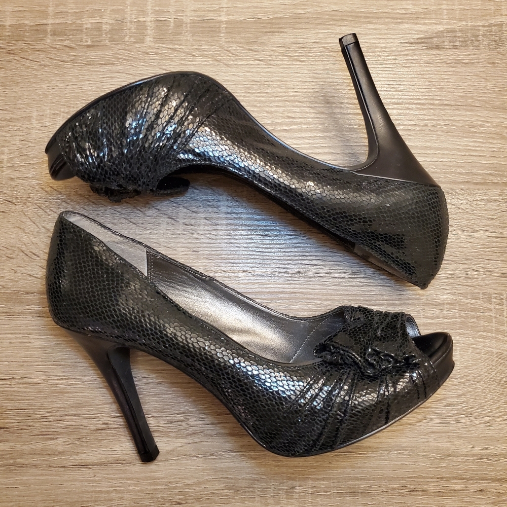 Black Peep Toe Faux Snake Heels